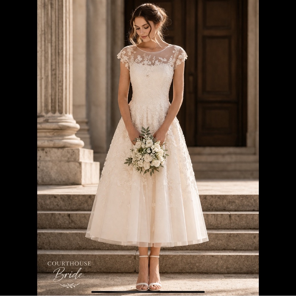 Tea Length Bridal Dress Oleg Cassini S Courthouse Ivory Wedding Reception Tulle